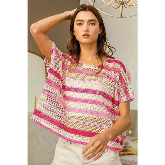 BiBi Striped Openwork Short Sleeve Knit Cover Up - CM Fashion