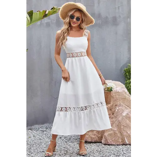 Flower Crochet Wide Strap Midi Dress - CM Fashion