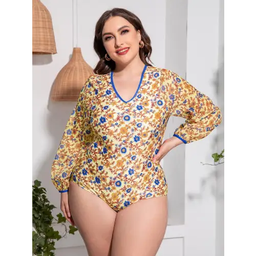 Plus Size Floral Open Back Long Sleeve One-Piece Swimsuit - CM Fashion