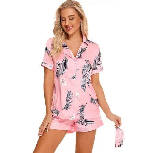 Blossom in Comfort Pink Floral Shorts Lounge Set with Printed Button Top