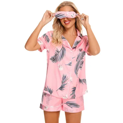 Blossom in Comfort Pink Floral Shorts Lounge Set with Printed Button Top