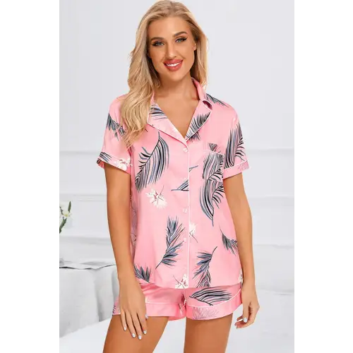 Blossom in Comfort Pink Floral Shorts Lounge Set with Printed Button Top