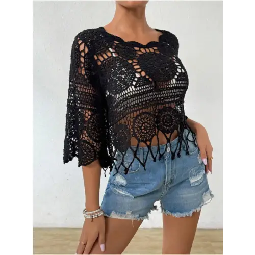 Boho Chic Openwork Round Neck Cover-Up for Beach Bliss