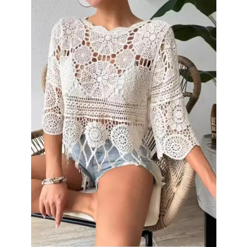 Boho Chic Openwork Round Neck Cover-Up for Beach Bliss