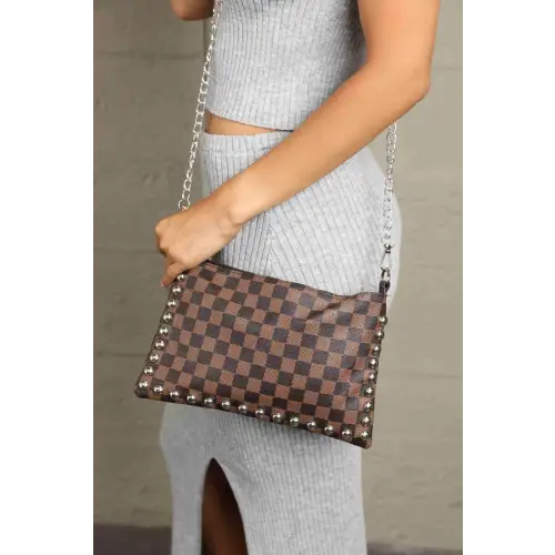 Bold Brown Checkered Studded Shoulder Bag