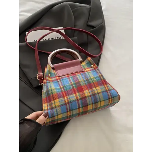 Bold Contrast Plaid Trapezoid Shape Crossbody Bag