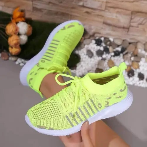 Breathable Leopard Mesh Lace Up Sneakers - Yellow Green / 36(US5) - CynthiaMonica CM