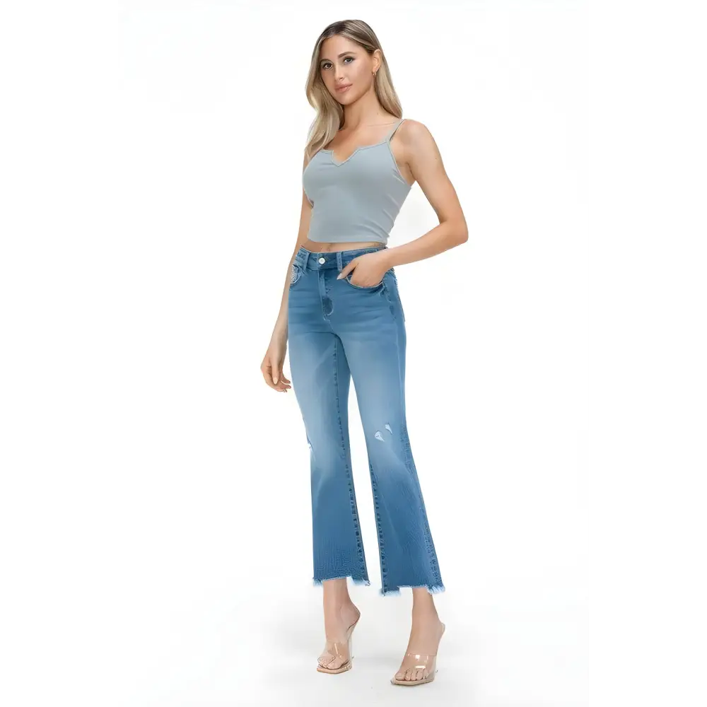 Bold Raw Hem Distressed Mid Rise Crop Jeans