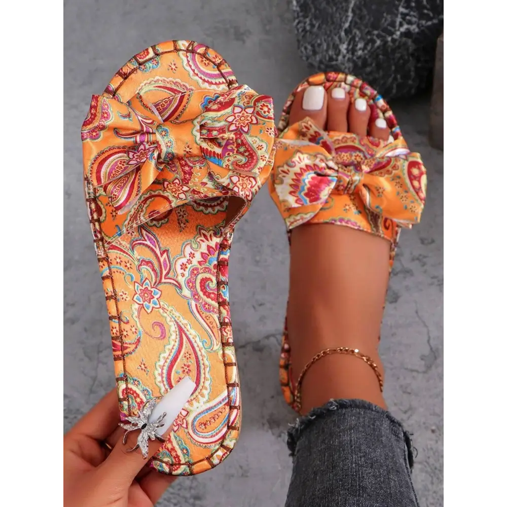 Bow Printed Open Toe Flat Sandals