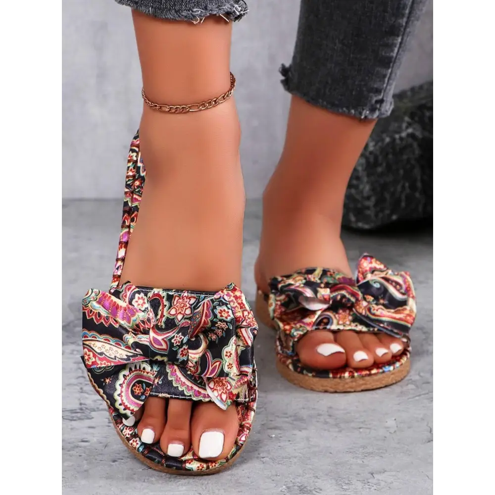 Bow Printed Open Toe Flat Sandals