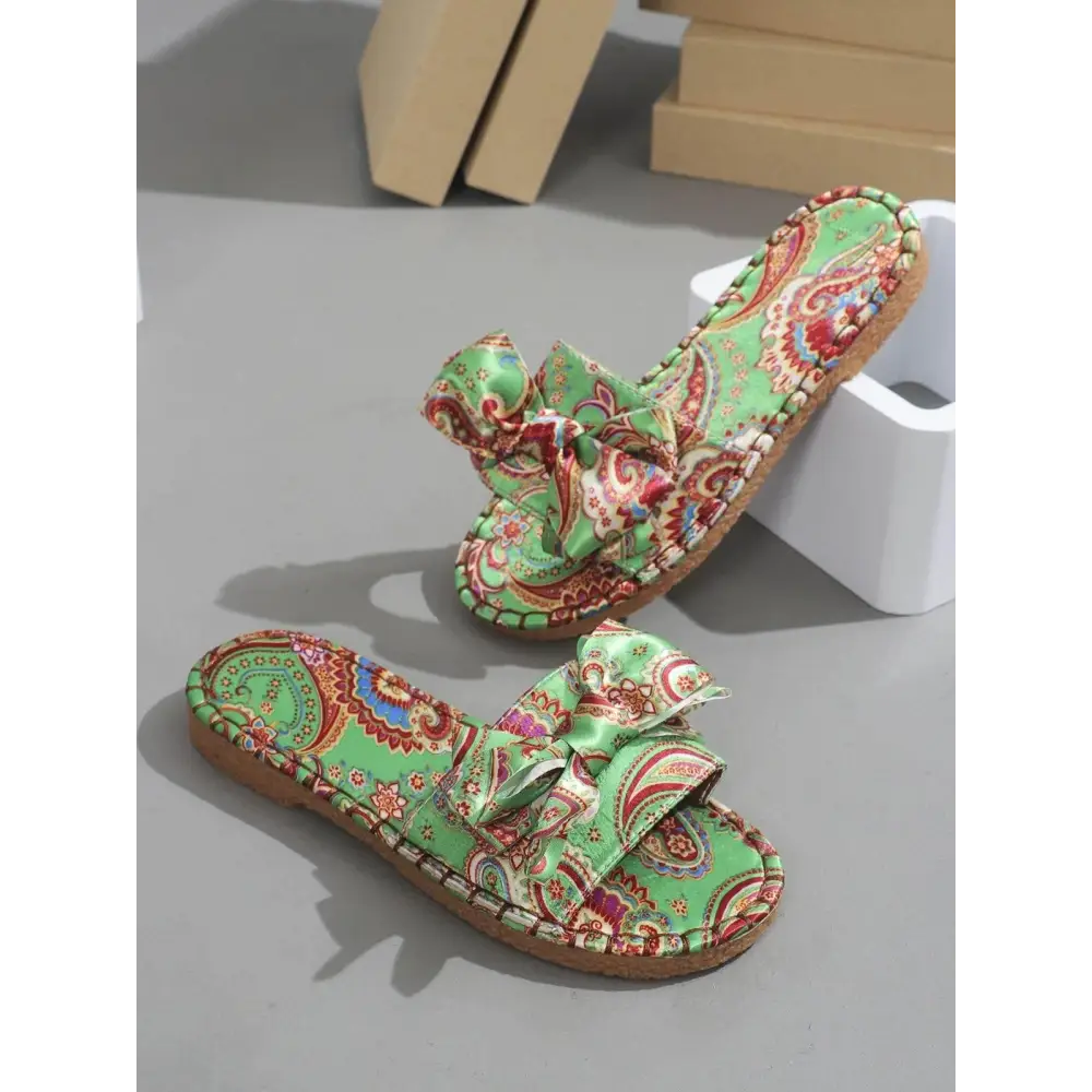 Bow Printed Open Toe Flat Sandals