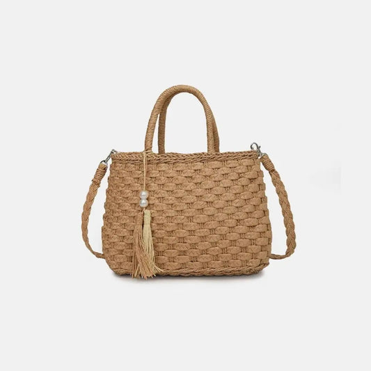 Braided Strap Paper Weave Shoulder Bag - Camel / One Size - CynthiaMonica CM