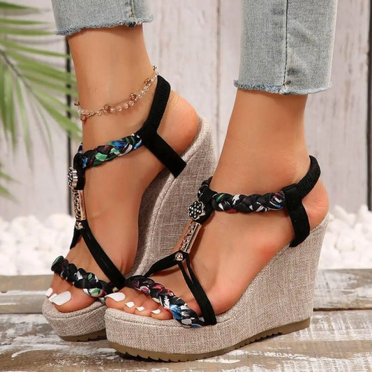 Braided Strap Wedge Sandals - Black / 36(US5) - CynthiaMonica CM