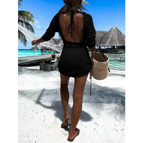 Breezy Backless Openwork Drawstring Beach Cover-Up