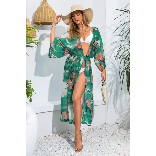 Floral Tie Waist Duster Cover Up - CM Fashion