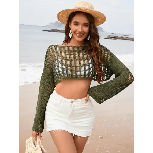 Openwork Boat Neck Long Sleeve Cover-Up - CM Fashion