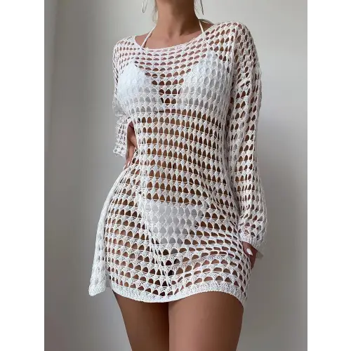 Openwork Boat Neck Long Sleeve Cover-Up - CM Fashion