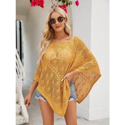 Openwork Boat Neck Shawl Cover Up - CM Fashion