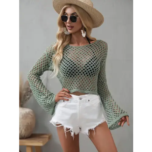 Openwork Flare Sleeve Cropped Cover Up - CM Fashion