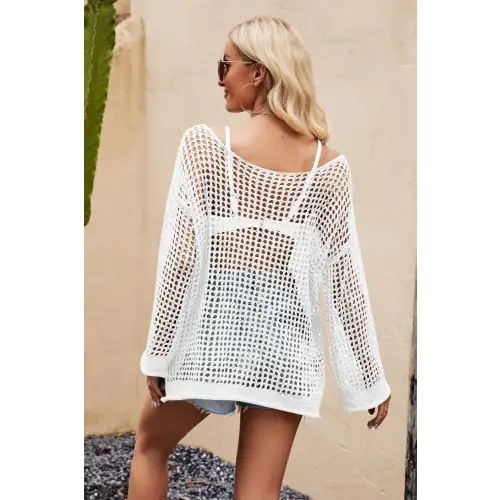 Breezy Openwork Round Neck Long Sleeve Cover Up for Beach Chic