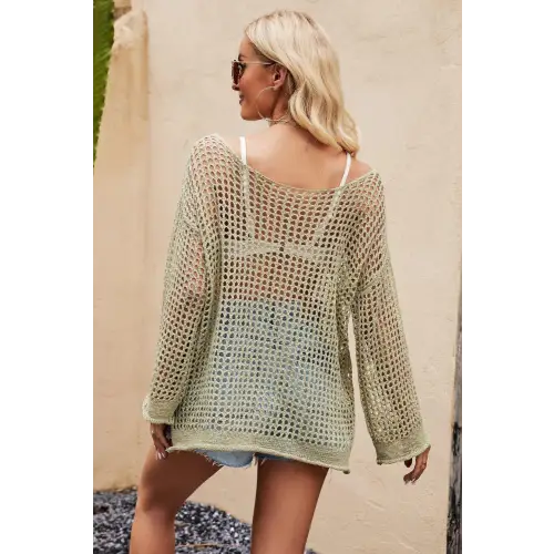 Breezy Openwork Round Neck Long Sleeve Cover Up for Beach Chic