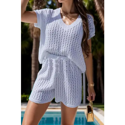 Openwork Short Sleeve Top and Shorts Cover Up Set - CM Fashion