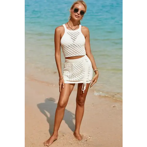 Breezy Openwork Sleeveless Top and Drawstring Skirt Cover Set