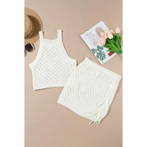 Breezy Openwork Sleeveless Top and Drawstring Skirt Cover Set