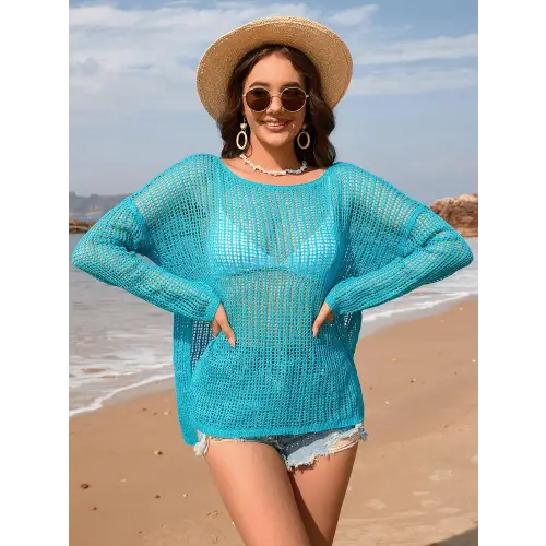 Openwork Slit Boat Neck Long Sleeve Cover-Up - CM Fashion