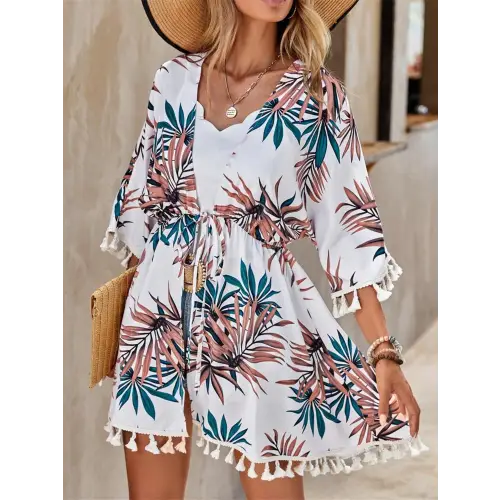 Breezy Tassel Tied Printed Half Sleeve Cover Up for Beach Days