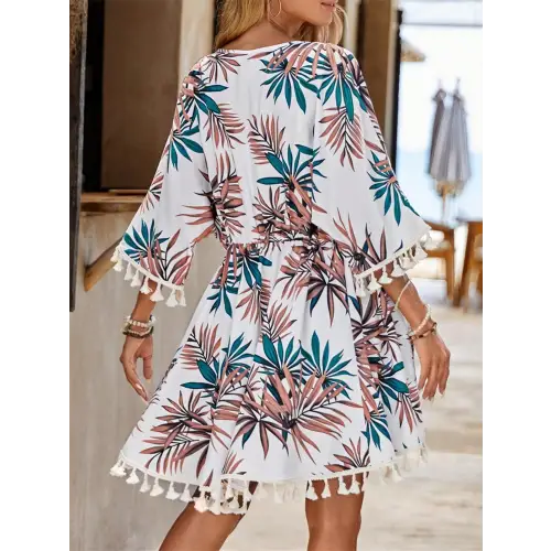 Breezy Tassel Tied Printed Half Sleeve Cover Up for Beach Days