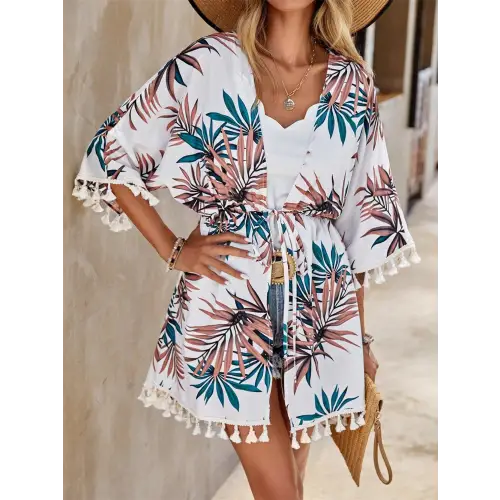 Breezy Tassel Tied Printed Half Sleeve Cover Up for Beach Days