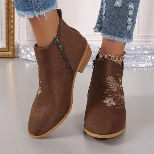 Brown Embroidered Suede Point Toe Block Heel Boots