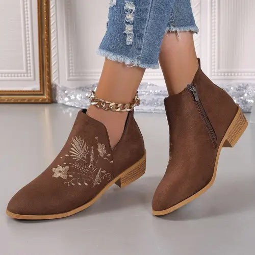 Brown Embroidered Suede Point Toe Block Heel Boots