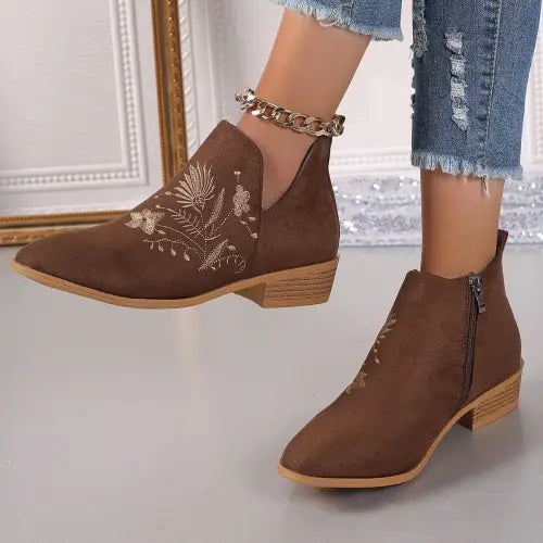 Brown Embroidered Suede Point Toe Block Heel Boots