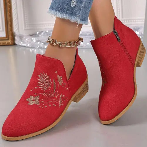 Brown Embroidered Suede Point Toe Block Heel Boots