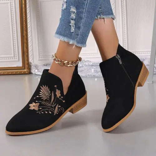 Brown Embroidered Suede Point Toe Block Heel Boots