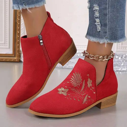 Brown Embroidered Suede Point Toe Block Heel Boots