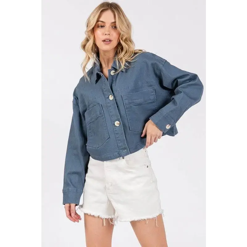 bytos Button Down Cropped Denim Jacket with Patch Pockets