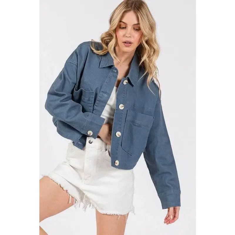 bytos Button Down Cropped Denim Jacket with Patch Pockets