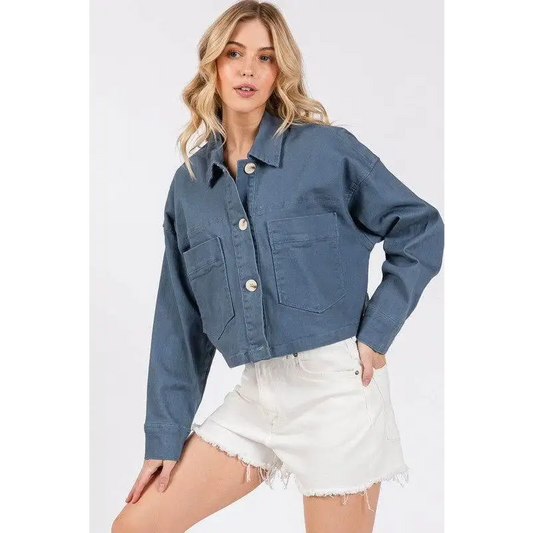 bytos Button Down Cropped Denim Jacket with Patch Pockets - French Blue / S - CynthiaMonica CM