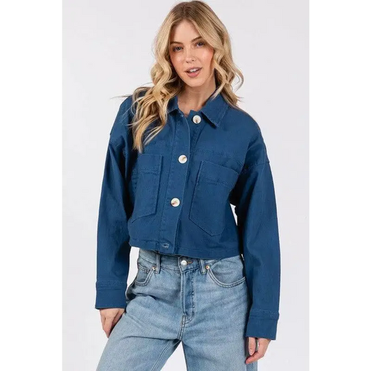 bytos Button Down Cropped Denim Jacket with Patch Pockets - Peacock Blue / S - CynthiaMonica CM