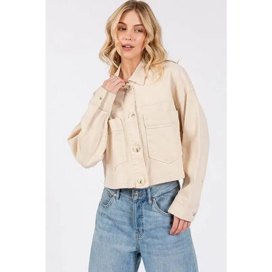 bytos Button Down Cropped Denim Jacket with Patch Pockets - Tan / S - CynthiaMonica CM