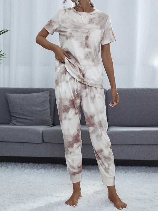 Shiny Tie-Dye Round Neck Short Sleeve Top and Pants Lounge Set - CM