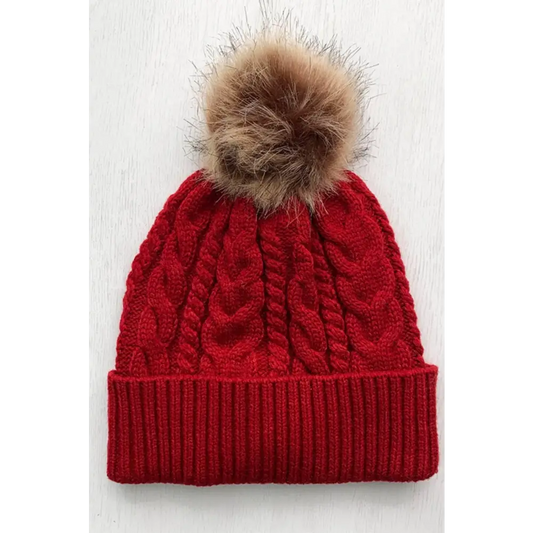 Cable-Knit Cuffed Hat with Pom-pom - Scarlet / One Size - CynthiaMonica CM