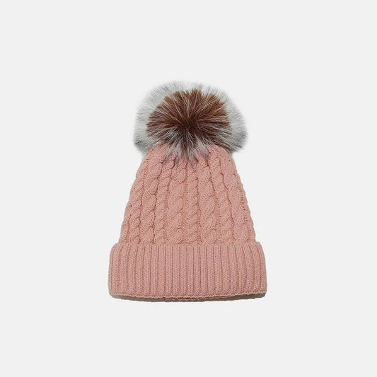 Cable Knit Winter Hat with Pompom - Dusty Pink / One Size - CynthiaMonica CM