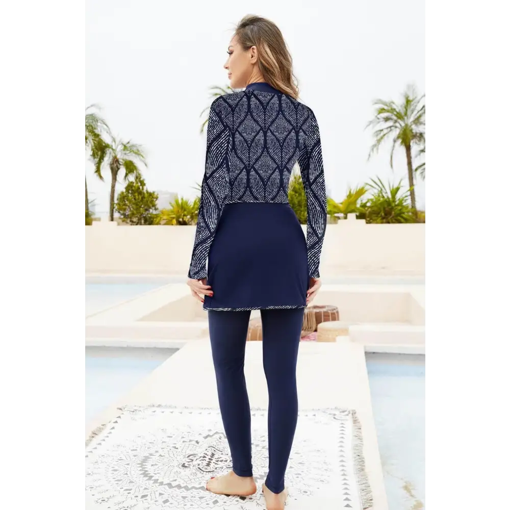 Cap, Printed Long Sleeve Swimwear, Pants and Mini Skirt Four-Piece Swim Set