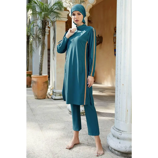 Cap, Quarter Zip Top and Pants Swim Set - Deep Teal / S - CynthiaMonica CM