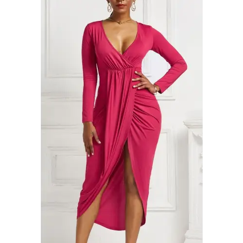 High-low Ruched Surplice Long Sleeve Dress - CM Fashion