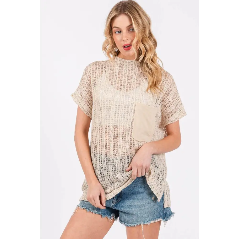 Ces Femme See Through Crochet Mock Neck Cover Up